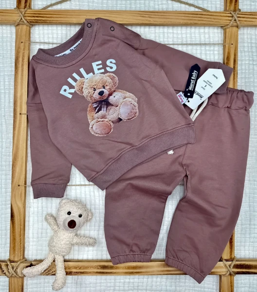 Baskılı Pamuklu Alt Üst Bebek İkili Takım  - KAHVERENGİ