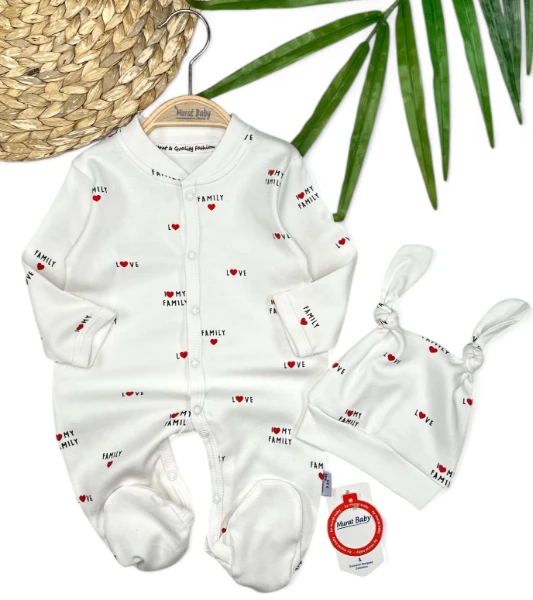 Baskılı Şapkalı Bebek Tulum  - EKRU