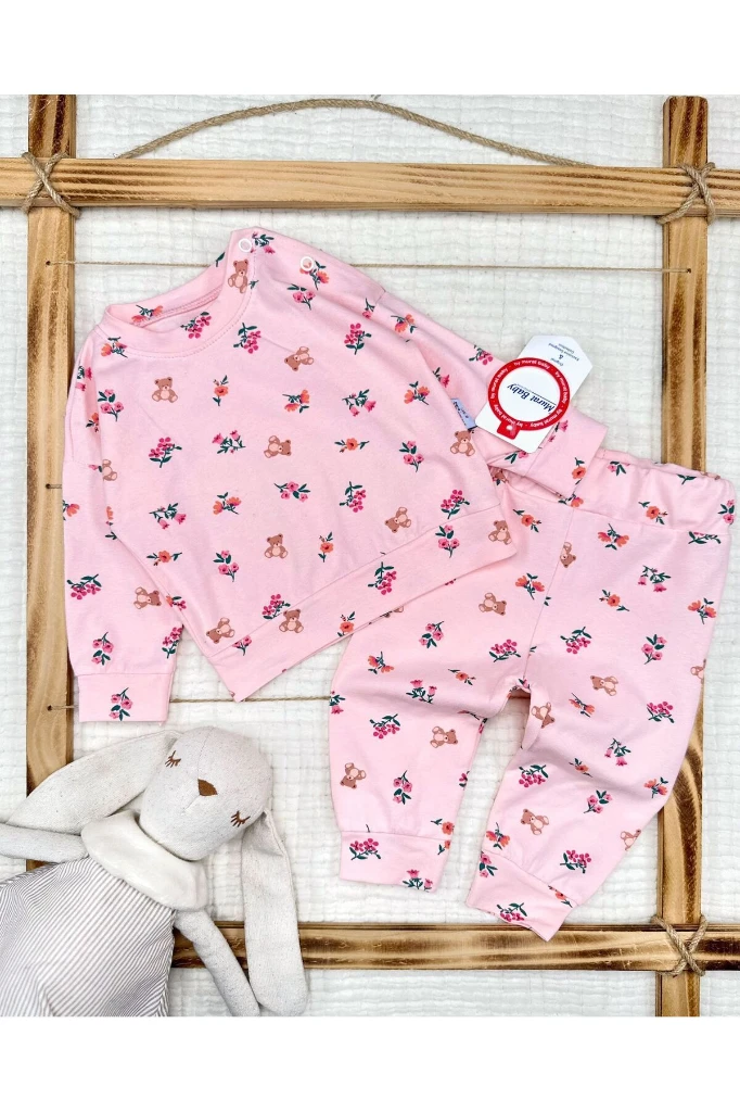 Çiçekli Ayıcık Baskılı Kız Bebek İkili Takım - PEMBE