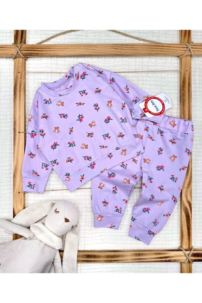 Çiçekli Ayıcık Baskılı Kız Bebek İkili Takım - LİLA