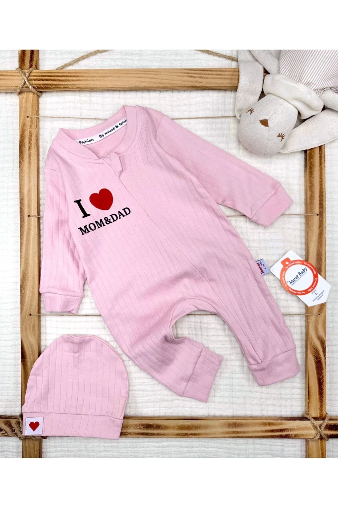I Love Mom Dad Baskılı Şapkalı Bebek Tulum - PEMBE