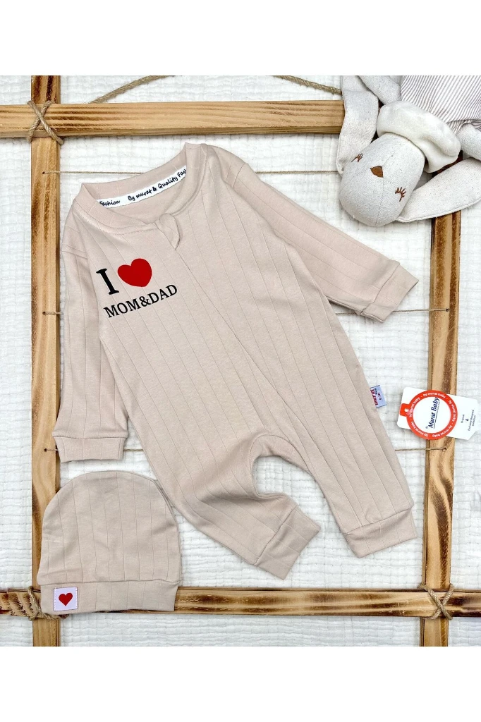 I Love Mom Dad Baskılı Şapkalı Bebek Tulum - LATTE