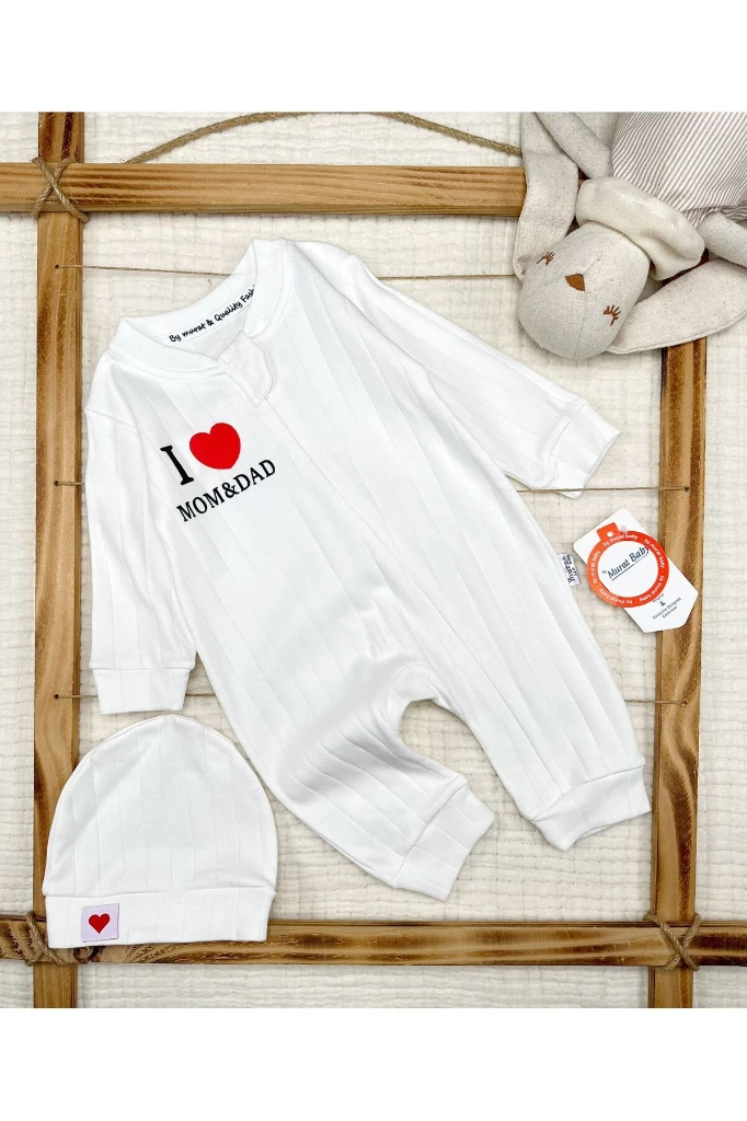 I Love Mom Dad Baskılı Şapkalı Bebek Tulum - BEYAZ