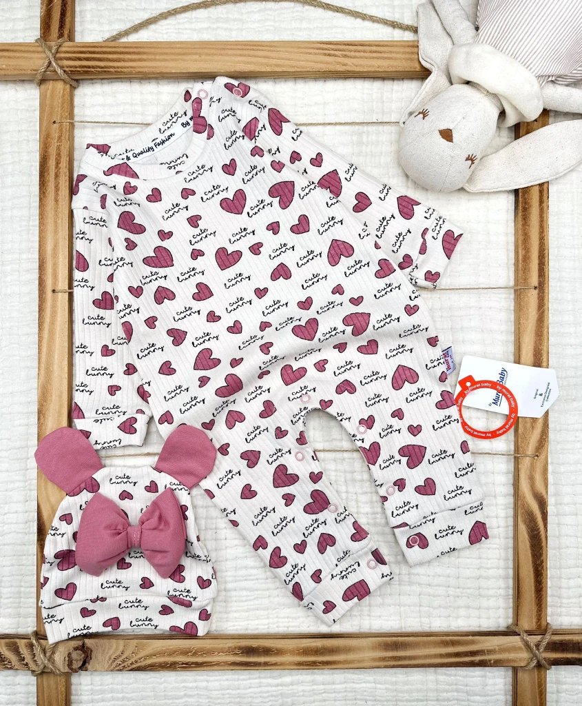 Kalpli %100 Pamuk Şapkalı Kız Bebek Tulum  - MOR