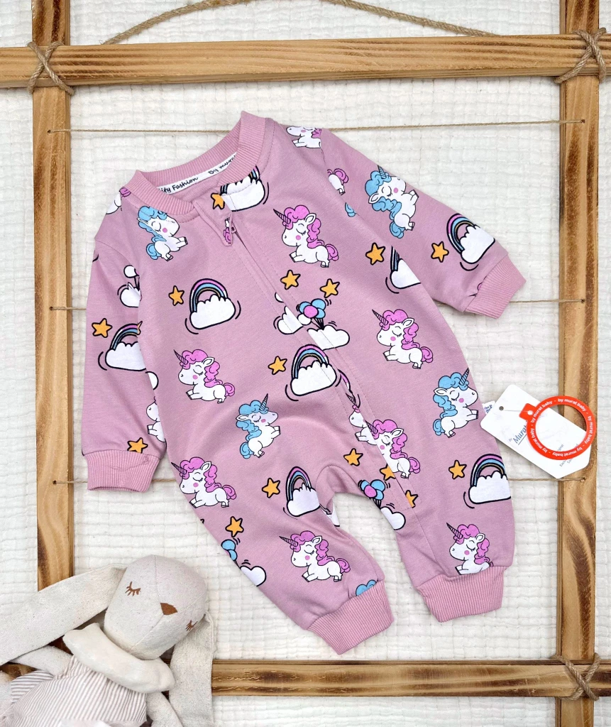 unicorn baskılı fermurlı %100 pamuk tulum - PEMBE