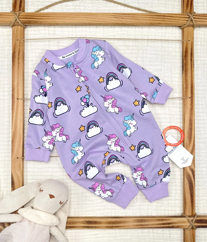 unicorn baskılı fermurlı %100 pamuk tulum - MOR