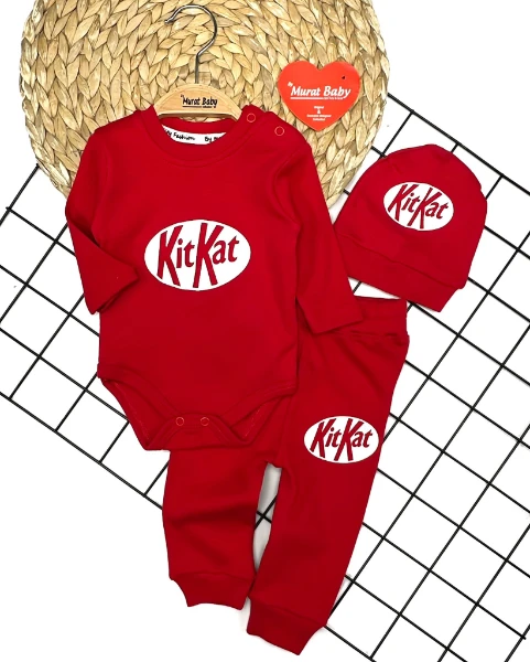 Çikolata Baskılı Şapkalı Bebek Badi Takım - KIRMIZI