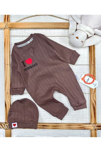 I Love Mom Dad Baskılı Şapkalı Bebek Tulum - KAHVERENGİ