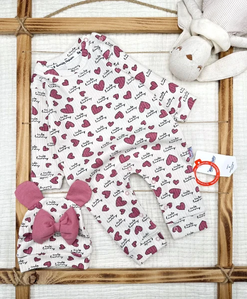 Kalpli %100 Pamuk Şapkalı Kız Bebek Tulum  - MOR