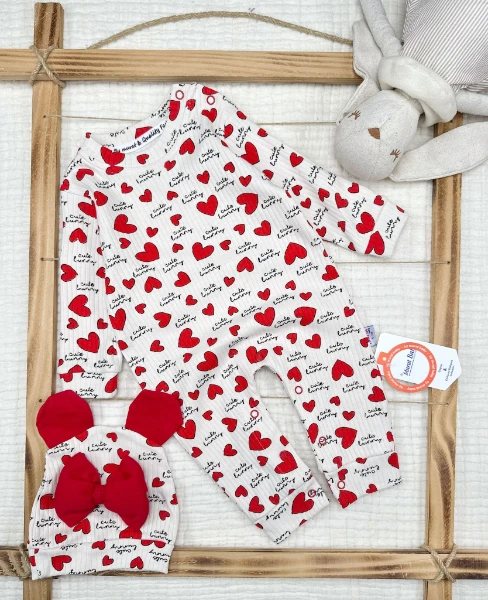 Kalpli %100 Pamuk Şapkalı Kız Bebek Tulum  - KIRMIZI