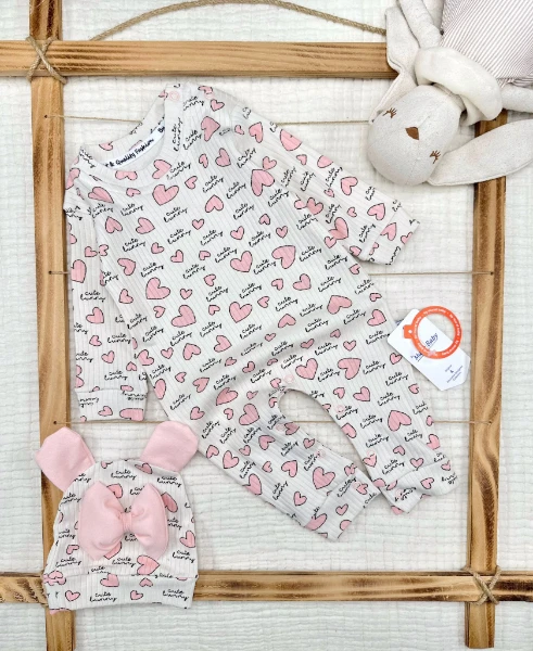 Kalpli %100 Pamuk Şapkalı Kız Bebek Tulum  - PEMBE