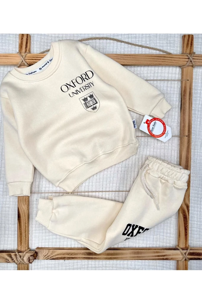 Şardonlu %100 Pamuk Şardonlu Kışlık Unisex İkili Takım - KREM