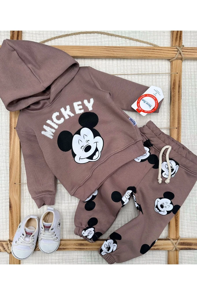 Mıckey Baskılı Kapüşonlu Erkek Bebek Takım - KAHVERENGİ