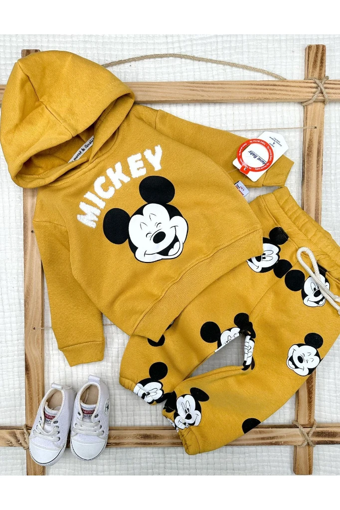 Mıckey Baskılı Kapüşonlu Erkek Bebek Takım - SARI