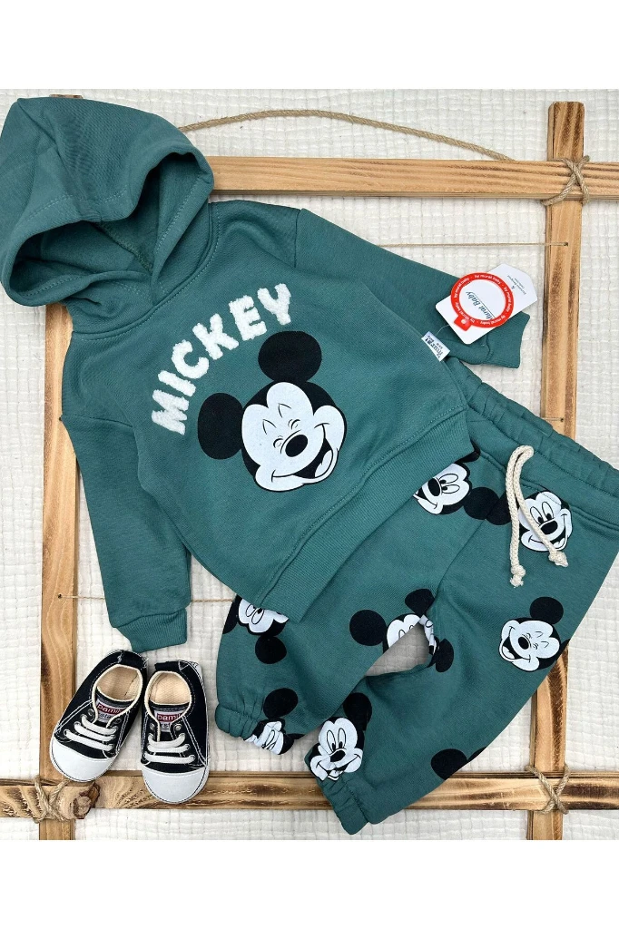 Mıckey Baskılı Kapüşonlu Erkek Bebek Takım - YEŞİL