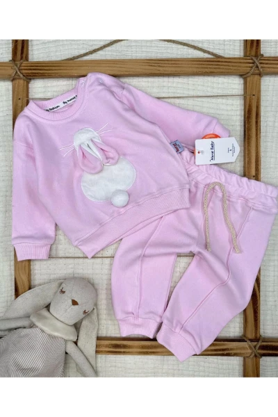 Tavşan Nakışlı Şardonlu Kız Alt Üst Takım - PEMBE