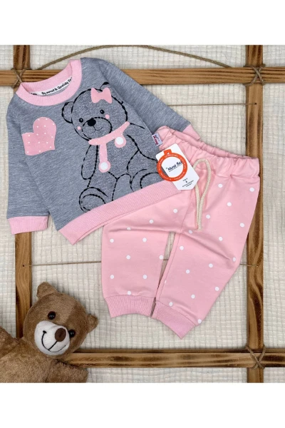 Ayıcık Baskılı Pamuk Kumaş Kız bebek İkili Takım - PEMBE