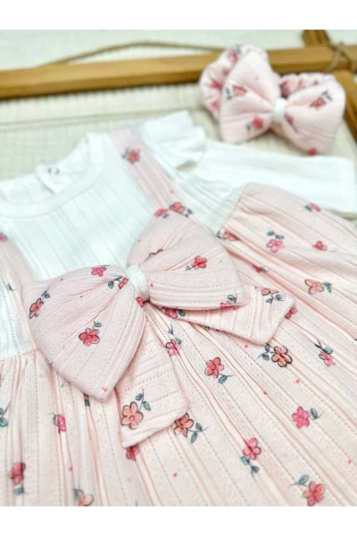 ÇİÇEK  DESENLİ FİYONKLU KIZ ÇOCUK ELBİSE - PEMBE