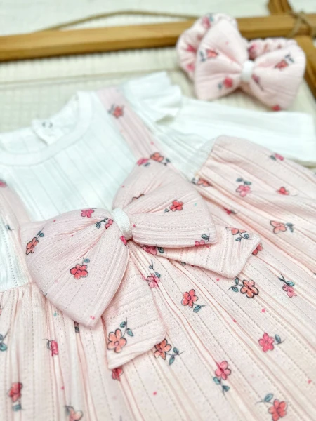 ÇİÇEK  DESENLİ FİYONKLU KIZ ÇOCUK ELBİSE - PEMBE