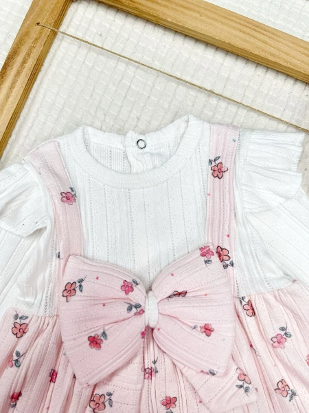 ÇİÇEK  DESENLİ FİYONKLU KIZ ÇOCUK ELBİSE - PEMBE