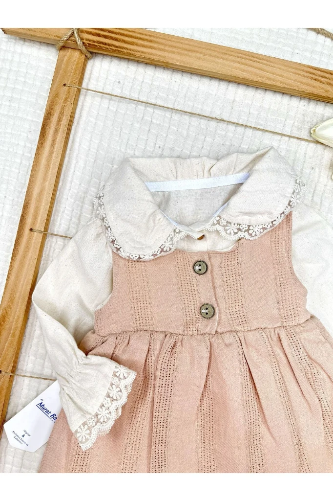 BEBE YAKA GÖMLEKLİ PAMUKLU ELBİSE - KAHVERENGİ