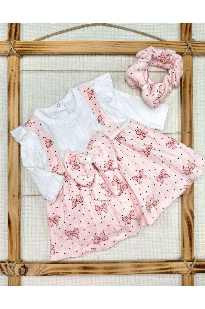 BASKILI FİYONK DETAYLI ASTARLI KIZ BEBEK ELBİSE - SOMON