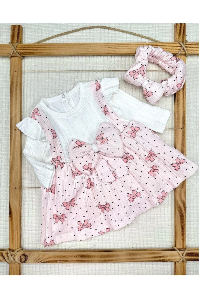 BASKILI FİYONK DETAYLI ASTARLI KIZ BEBEK ELBİSE - PEMBE