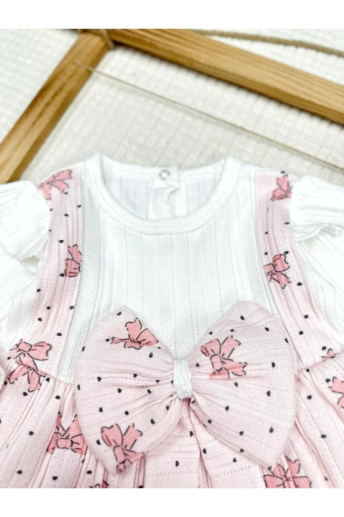 BASKILI FİYONK DETAYLI ASTARLI KIZ BEBEK ELBİSE - PEMBE