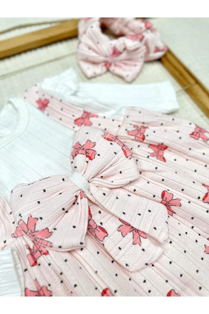 BASKILI FİYONK DETAYLI ASTARLI KIZ BEBEK ELBİSE - PUDRA