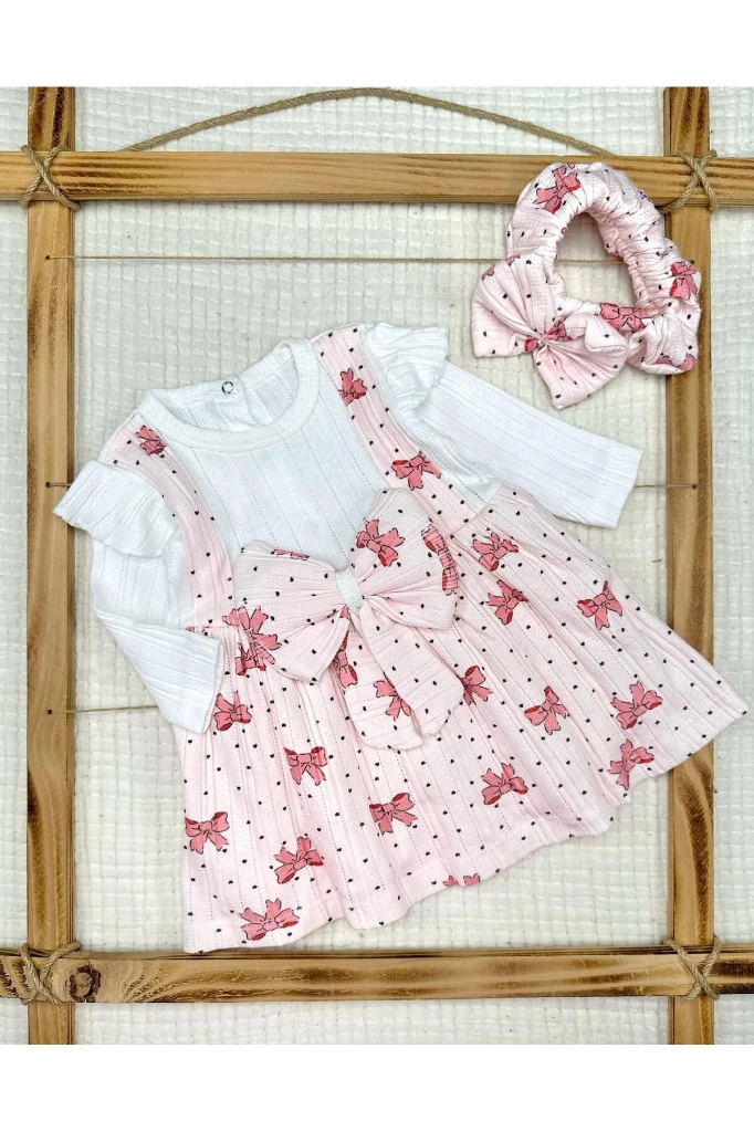 BASKILI FİYONK DETAYLI ASTARLI KIZ BEBEK ELBİSE - PUDRA