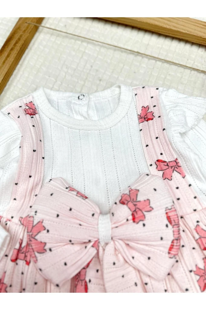 BASKILI FİYONK DETAYLI ASTARLI KIZ BEBEK ELBİSE - PUDRA