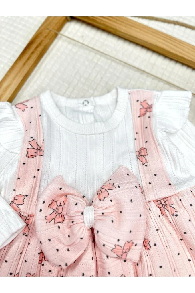 BASKILI FİYONK DETAYLI ASTARLI KIZ BEBEK ELBİSE - SOMON