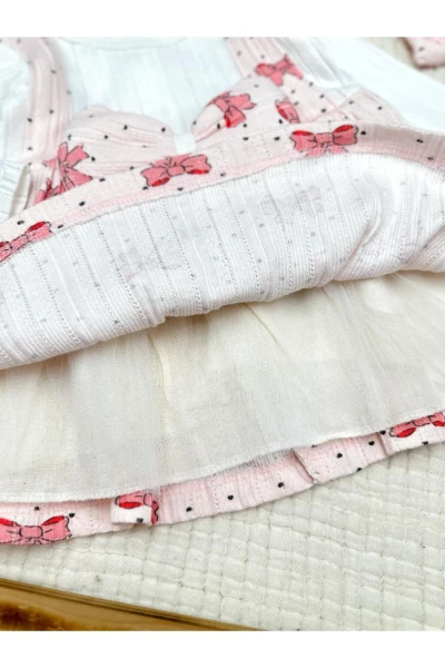 BASKILI FİYONK DETAYLI ASTARLI KIZ BEBEK ELBİSE - PEMBE