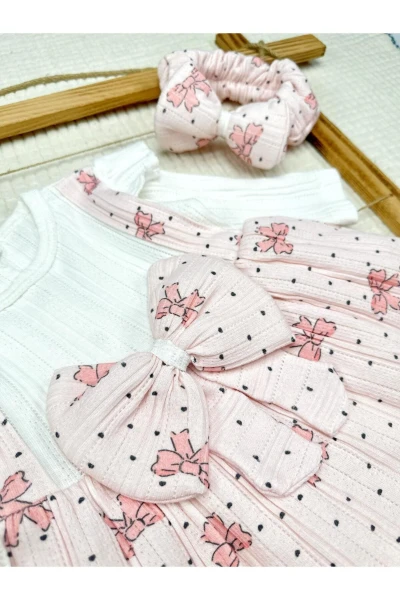 BASKILI FİYONK DETAYLI ASTARLI KIZ BEBEK ELBİSE - PEMBE