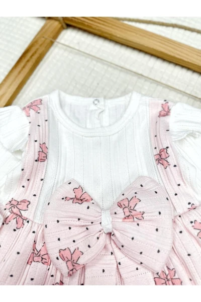 BASKILI FİYONK DETAYLI ASTARLI KIZ BEBEK ELBİSE - PEMBE