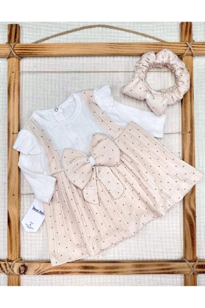 TÜLLÜ PUANTİYE DESENLİ KIZ BEBEK ELBİSE - BEJ