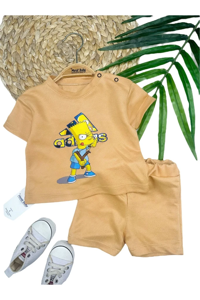 YAZLIK ŞORTLU ERKEK BEBEK ALT ÜST TAKIM - BEJ