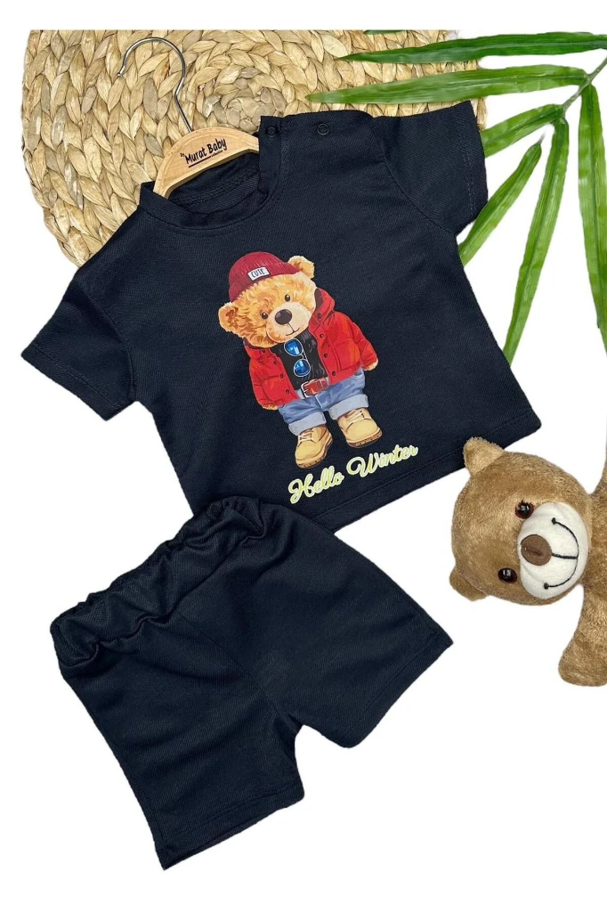 YAZLIKAYICIK BASKILI ŞORTLU ERKEK BEBEK ALT ÜST TAKIM - FÜME