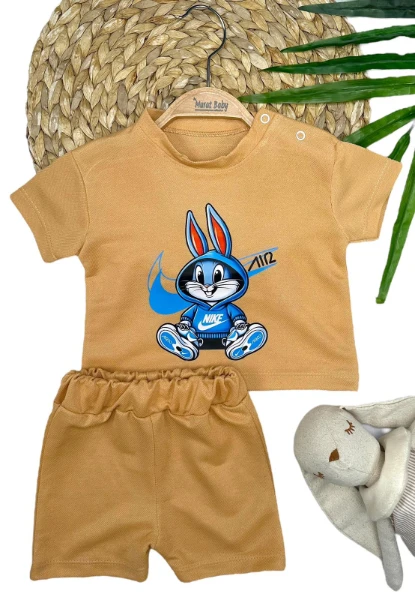 YAZLIK ŞORTLU ERKEK BEBEK ALT ÜST TAKIM - BEJ