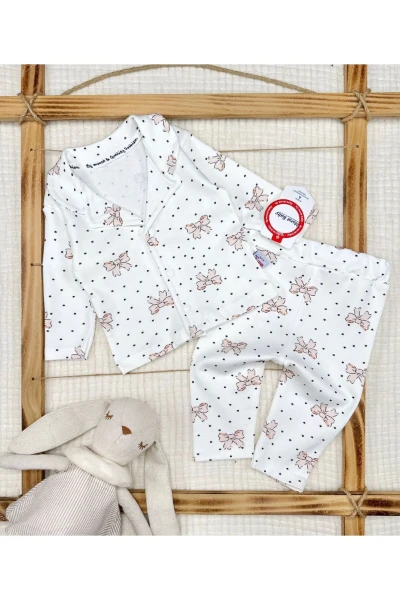 Fiyonk Kalp Baskılı Kız Bebek Pijama Takımı - BEJ